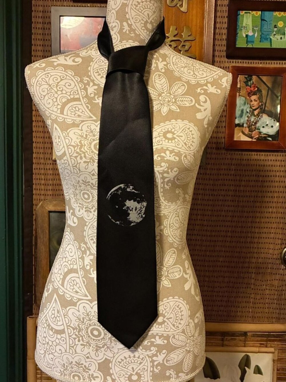 Upcycled black tie with moon